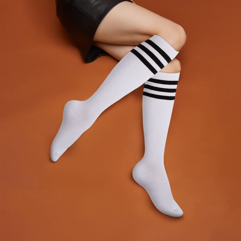 YEJIMONG Knee High Socks for Women â€“ 4 Pairs Bright Striped Cotton Long Socks for Fashion & School, White Multi Stripe, Size 6-10 (White(Red/Black/Purple/Green)) - Image 3